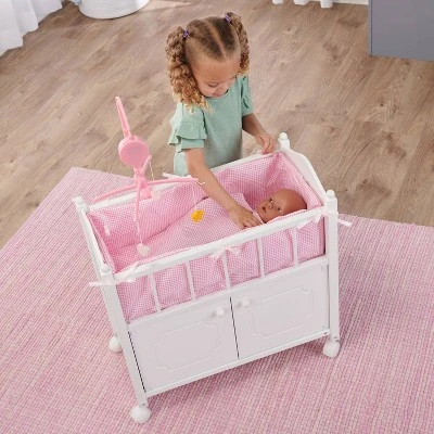 Badger Basket Cabinet Doll Crib With Gingham Bedding And Free Personalization Kit - White/Pink 3 Badger Basket Cabinet Doll Crib With Gingham Bedding And Free Personalization Kit - White/Pink - Image 3