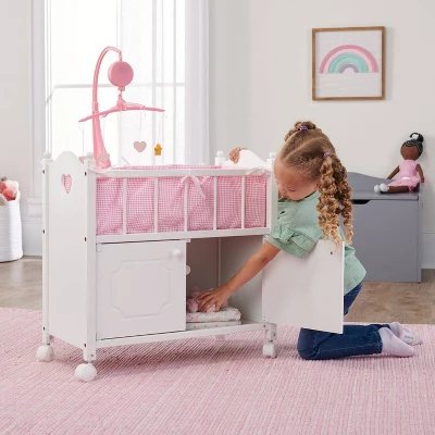 Badger Basket Cabinet Doll Crib With Gingham Bedding And Free Personalization Kit - White/Pink 2 Badger Basket Cabinet Doll Crib With Gingham Bedding And Free Personalization Kit - White/Pink - Image 2