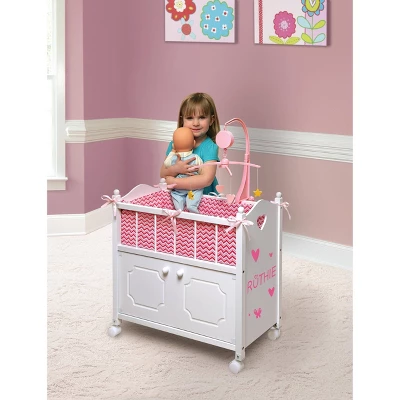 Badger Basket Cabinet Doll Crib With Chevron Bedding And Free Personalization Kit - White/Pink 3 Badger Basket Cabinet Doll Crib With Chevron Bedding And Free Personalization Kit - White/Pink - Image 3